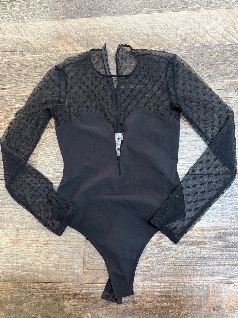 Fleur du Mal Black Long-Sleeve Mesh One-Piece Bodysuit